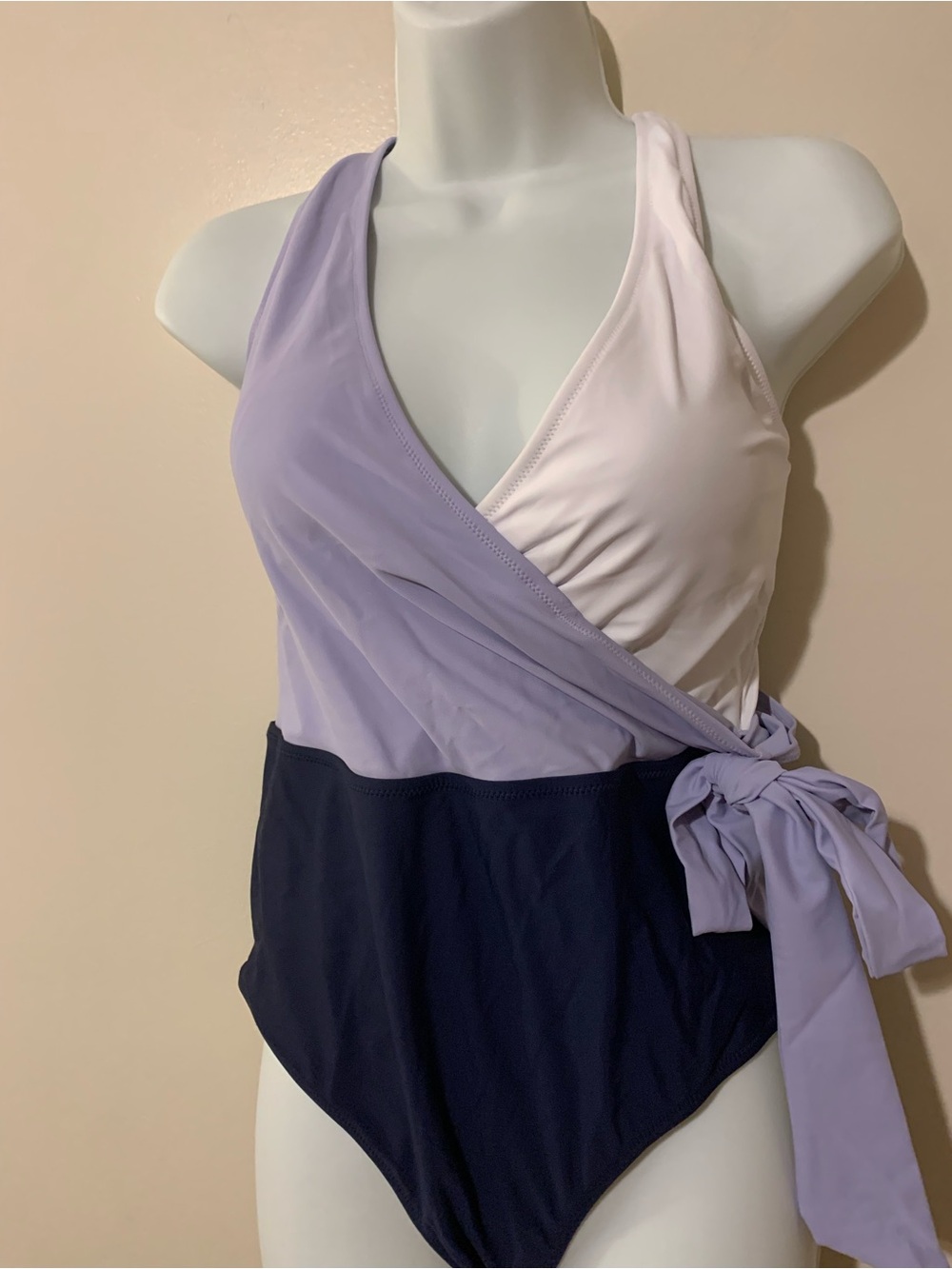 Cupshe Lavender, White & Navy Wrap Tie One-Piece Swimsuit
